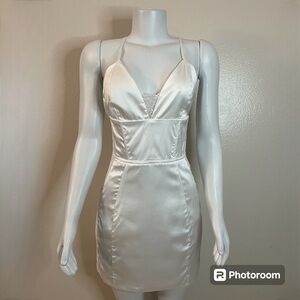 White satin lace V-neckline crisscross back straps mini dress